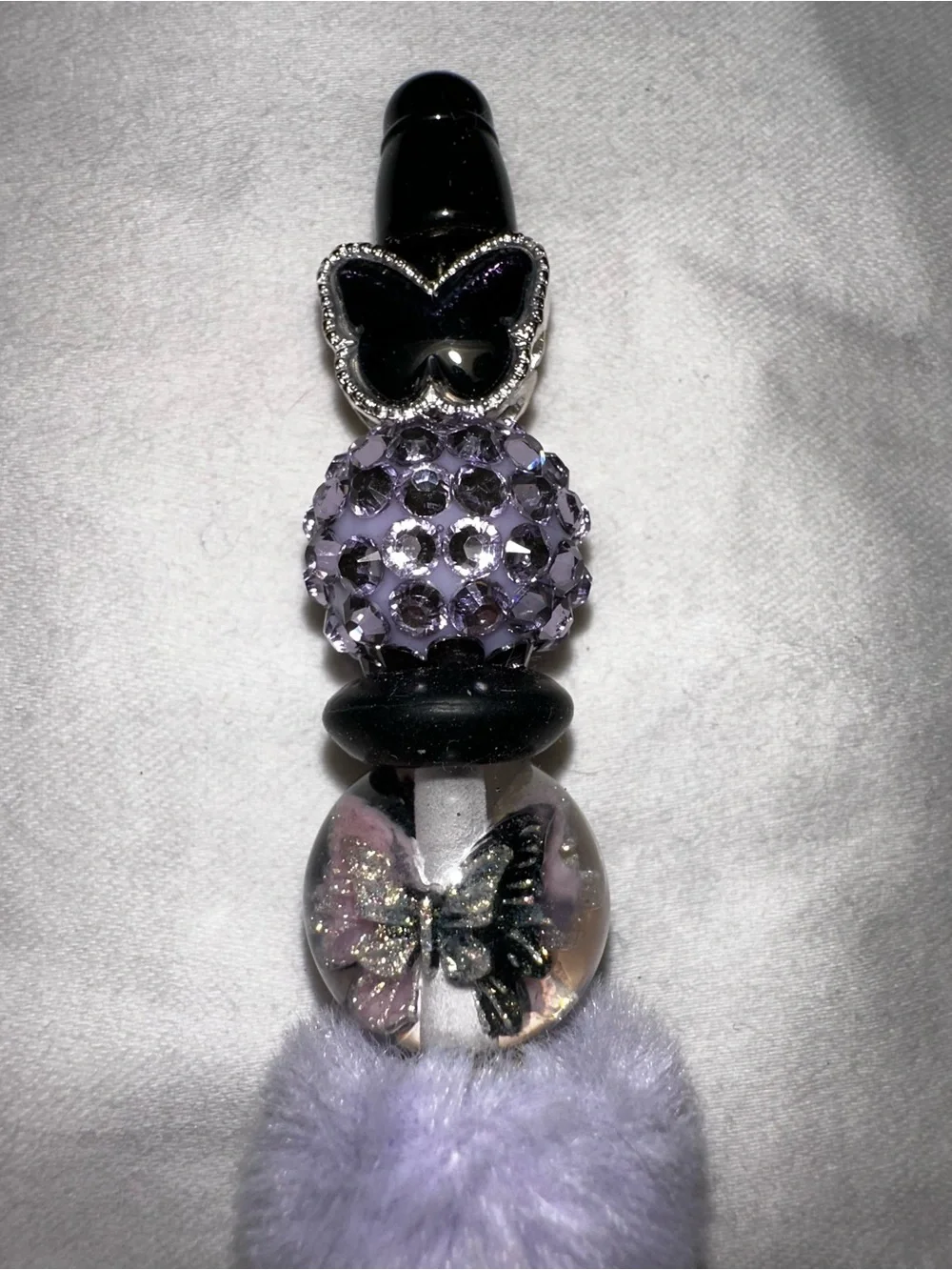 Plush Pom and Crystal Accent with black butterfly Ballpoint Pen - Lavender Gray